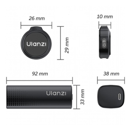 Ulanzi A21 (czarny) - bezprzewodowy zestaw audio, 2x mikrofon (odbiornik USB-C, 24bit, klipsy i paski) - wymiary